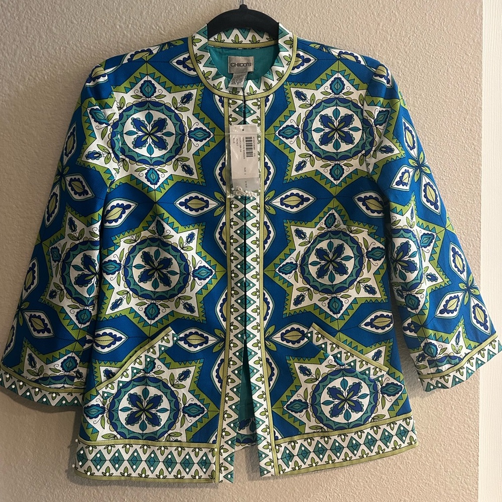 NWT Chico's Santorini Border Cordoba 3/4 Jacket Size 0 Small Kaleidoscope Mod